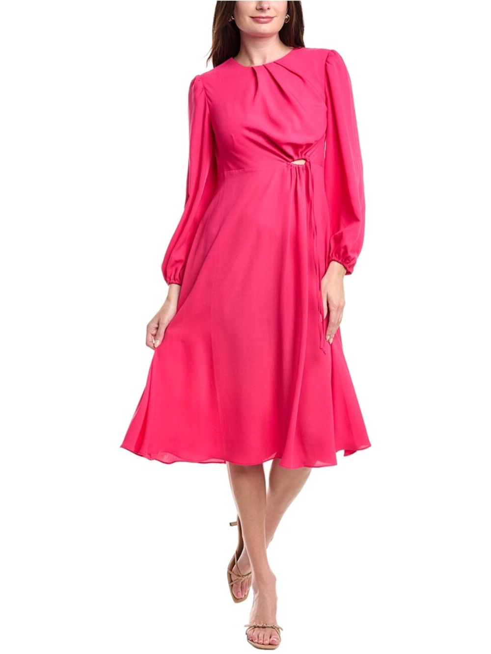 CAbi Delight Hot Pink Long Sleeve Tie-Waist Midi Dress Sz M